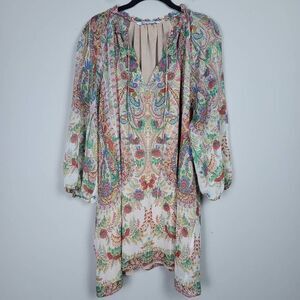 Zara Womens Medium Floral Print Mini Dress Pink Blue Lined Long Sleeves Boho
